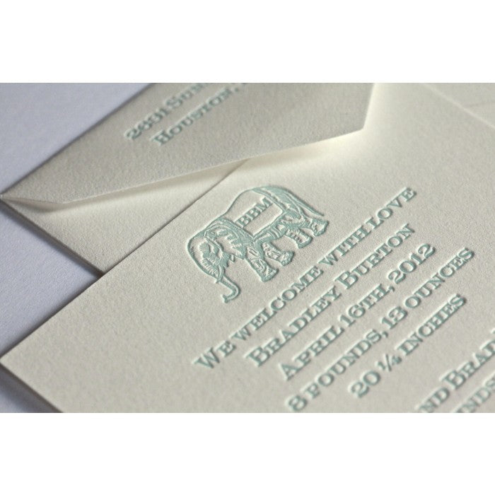 letterpress elephant baby announcement - bradley