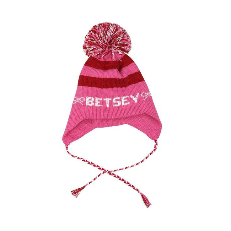 stripe earflap hat with monogram bows and pompom