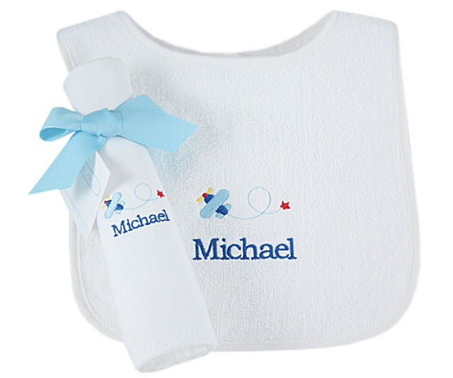personalized baby bib and burp cloth - airplanes