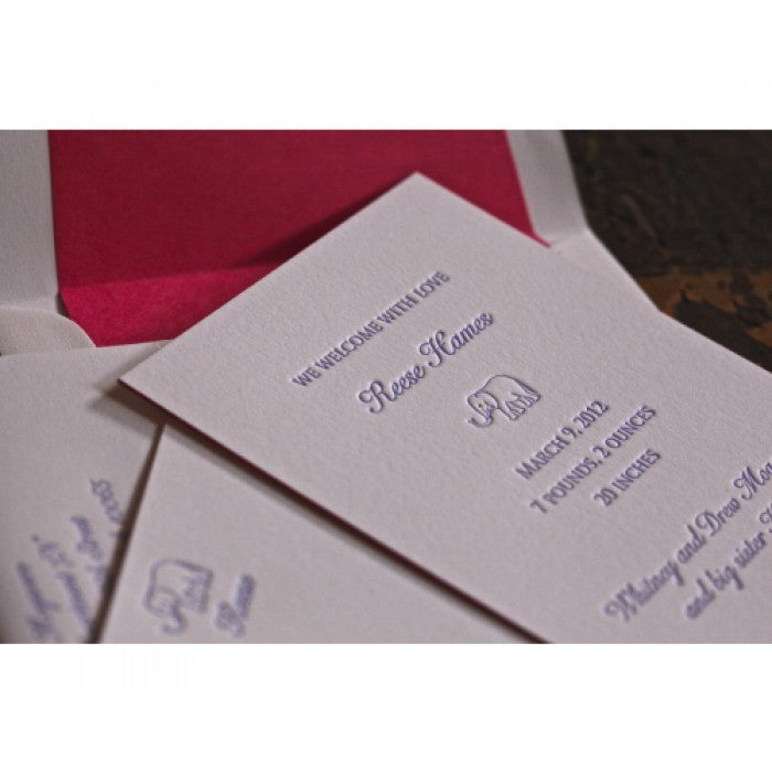 letterpress elephant baby announcement - reese