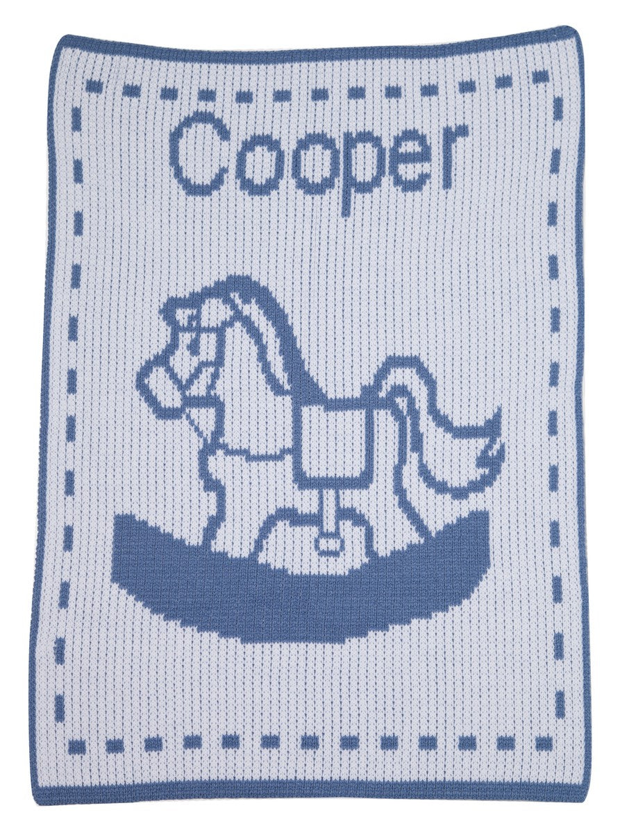 single rocking horse and name stroller blanket