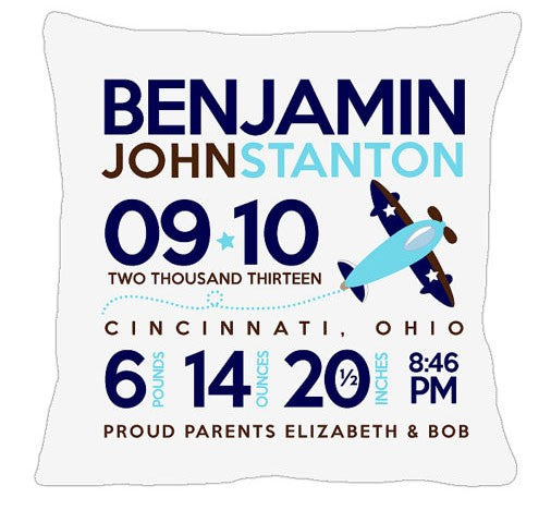 birth announcement new baby airplane pillow