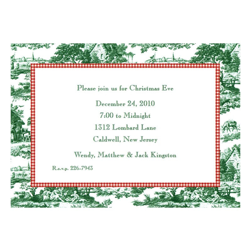 boatman geller toile dark green & red check flat notecard