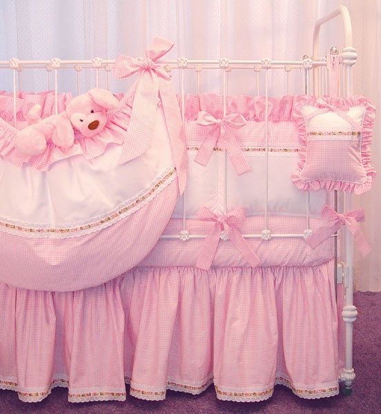 pink checker and primel crib bedding
