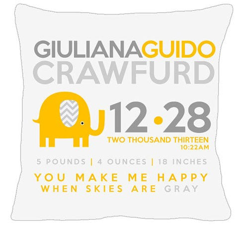 birth announcement new baby elephant pillow (yellow)