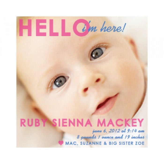 flat print baby announcement - hello! pink