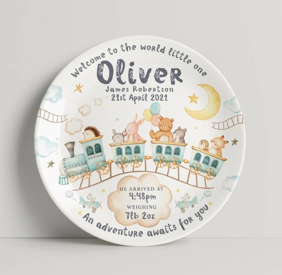 personalized baby plate - train animals