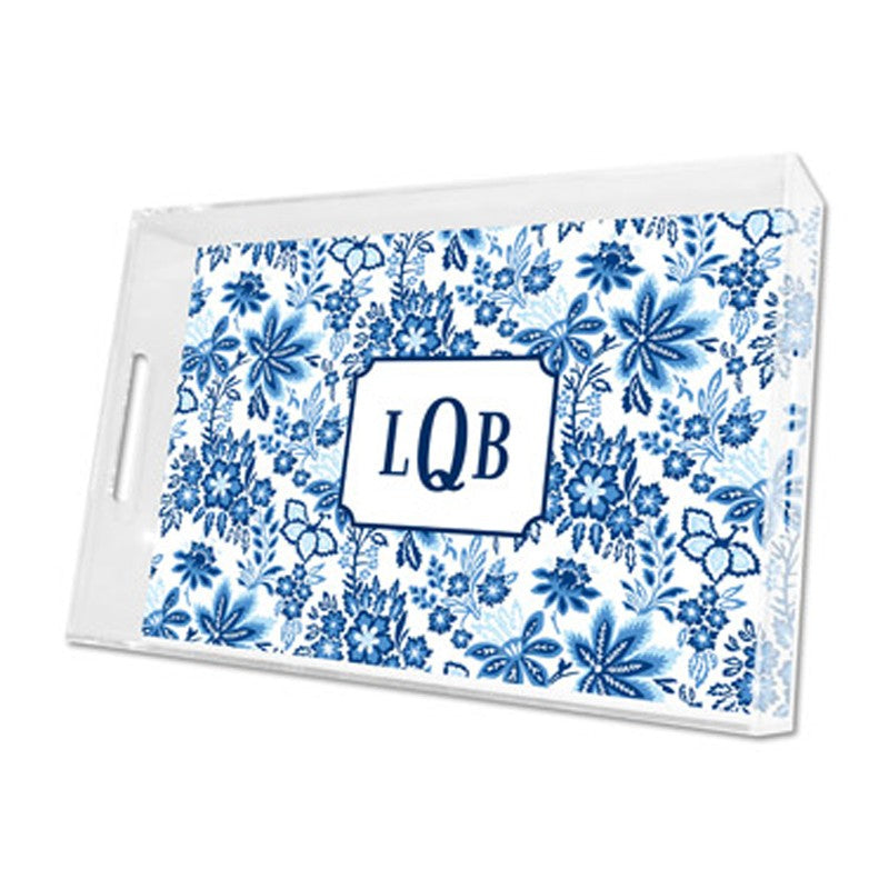 classic floral blue lucite tray - large