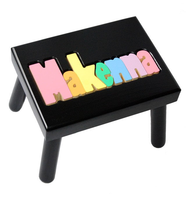 personalized name stool - black with pastel colors