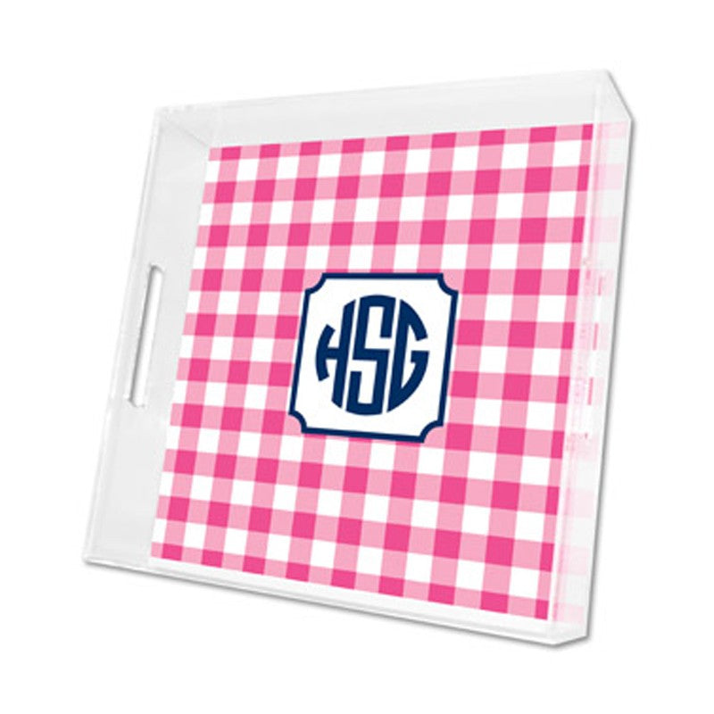 classic check raspberry lucite tray - square