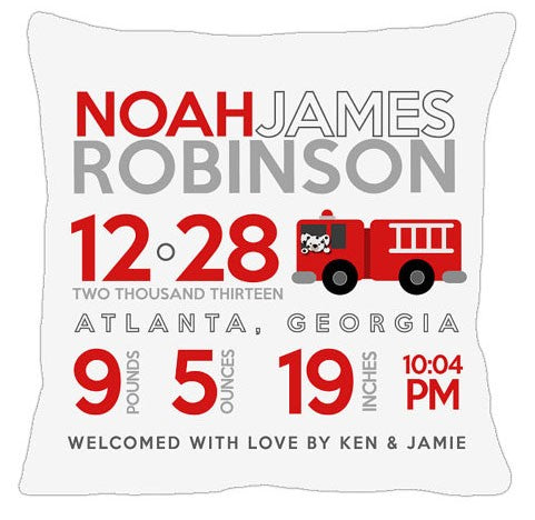 birth announcement new baby firetruck pillow