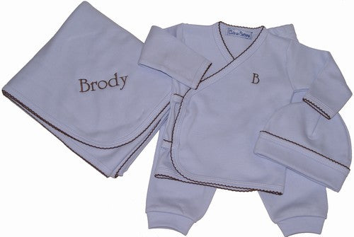 take me home 3 piece set in blue with brown picot trim