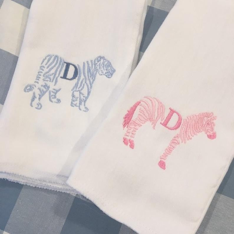 monogrammed zebra or tiger burp cloth