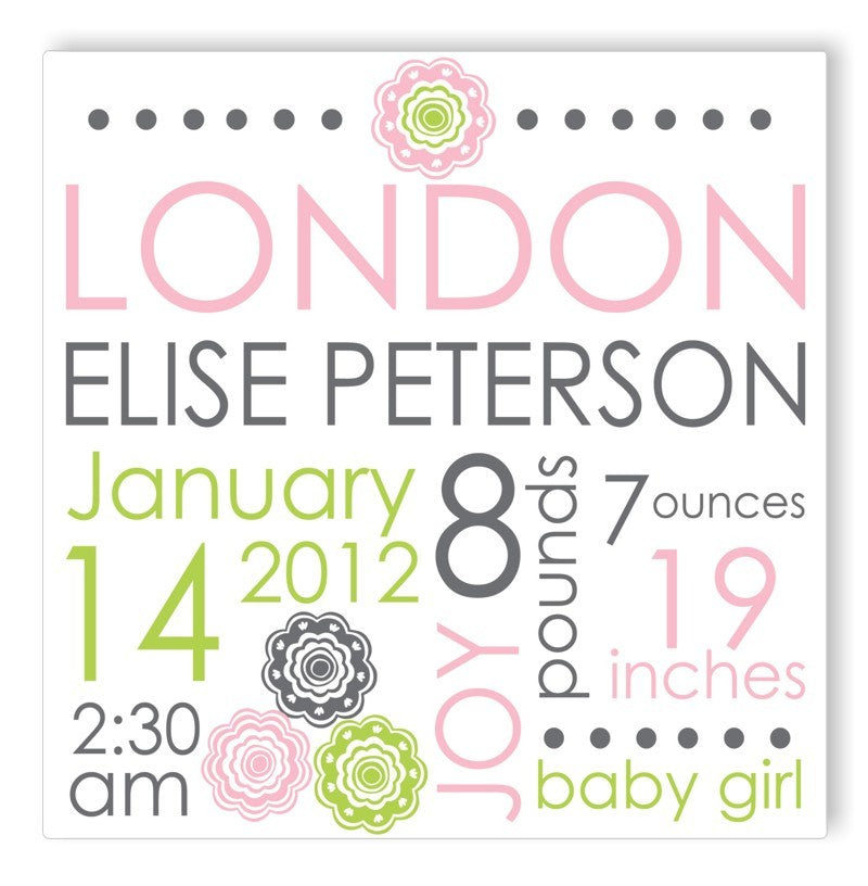 pink blooms canvas birth announcement