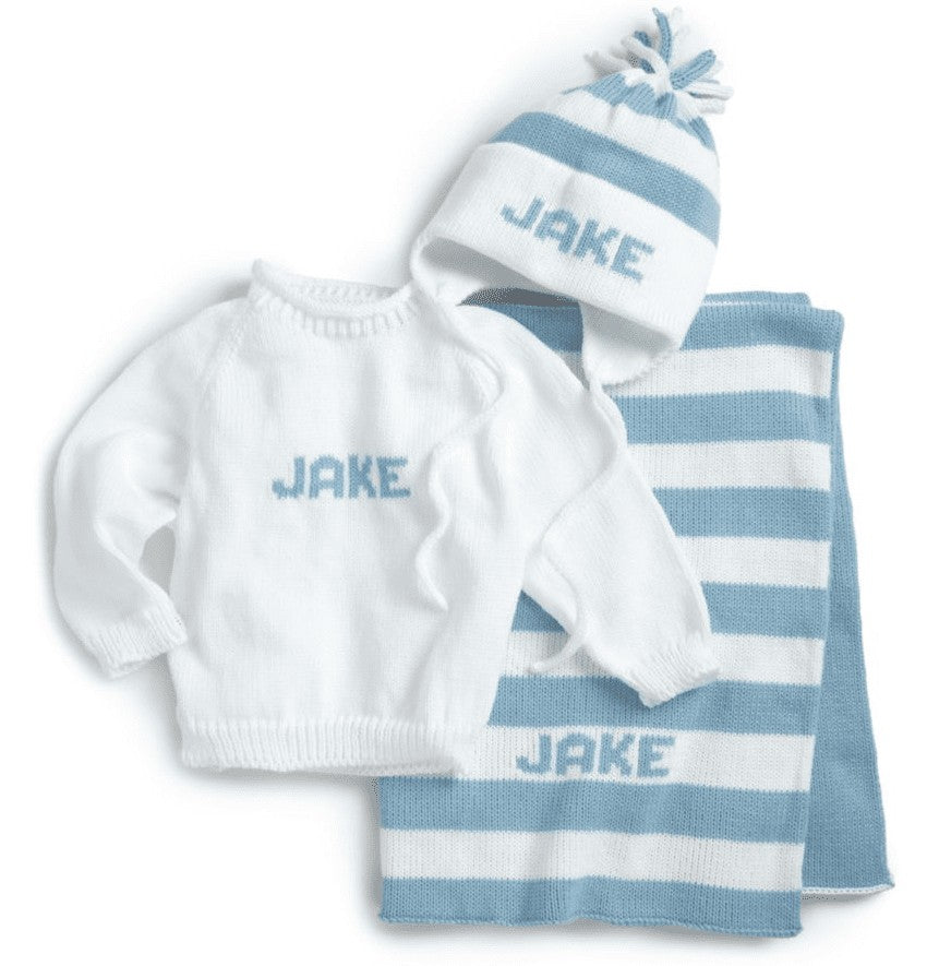custom baby boy monogrammed knit set (blanket, sweater and hat)
