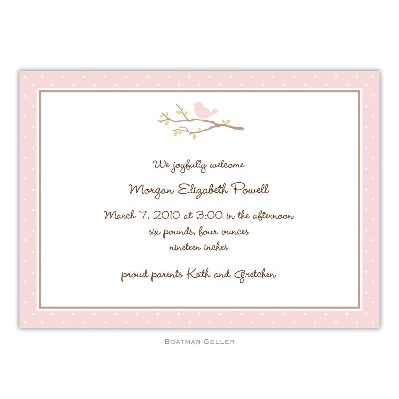 boatman geller bird on branch pink large flat notecard