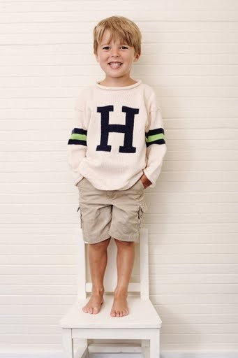 3 striped sleeve initial sweater