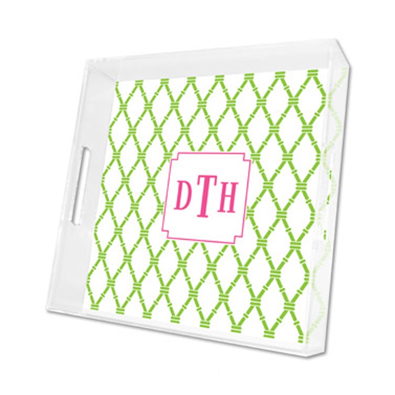 bamboo green & raspberry lucite tray - square