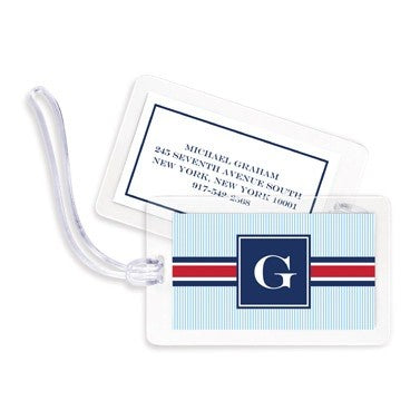 boatman geller seersucker band red & navy bag tags