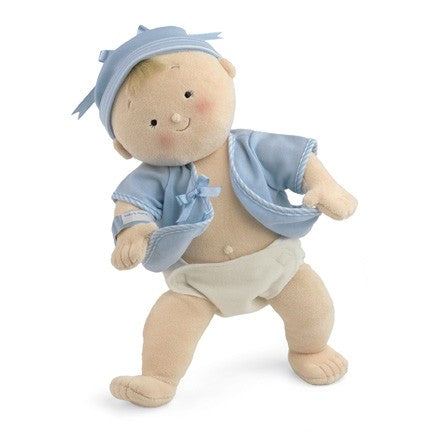 rosy cheeks blonde boy with blue shirt by north american bear