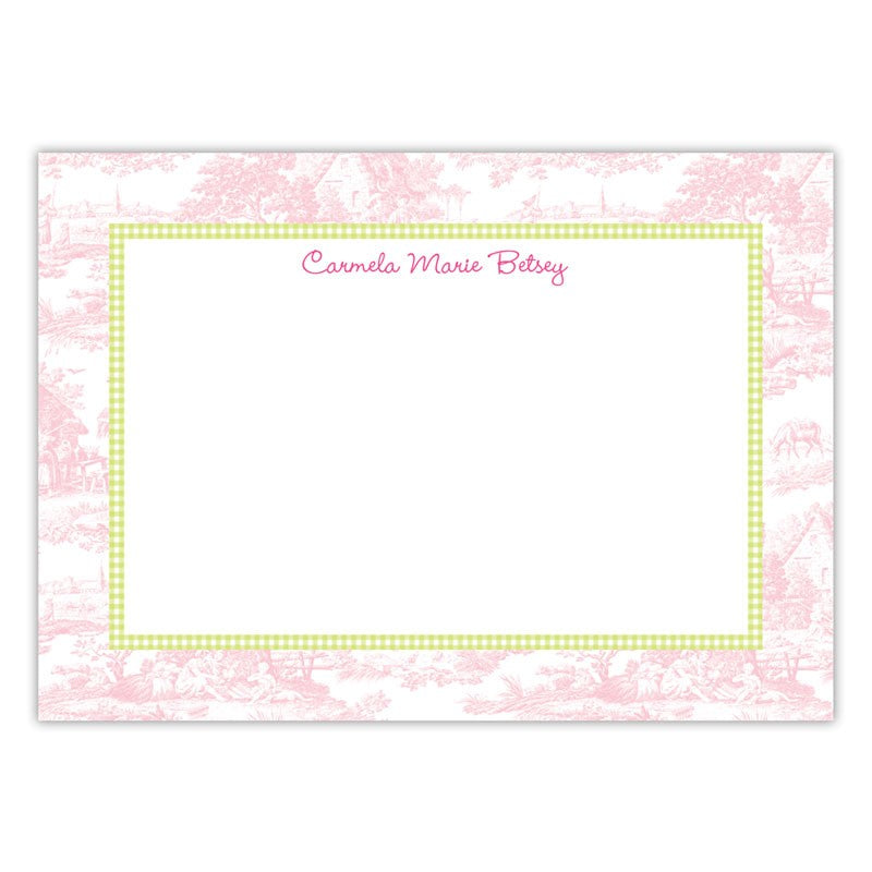 boatman geller toile pink with lime check large flat notecard