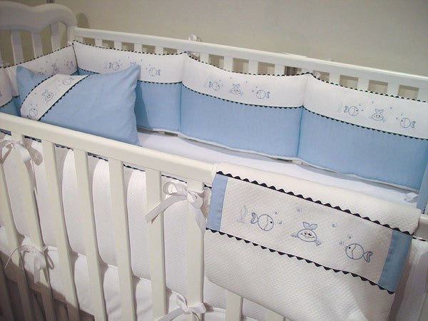 le poisson embroidered fish crib bedding
