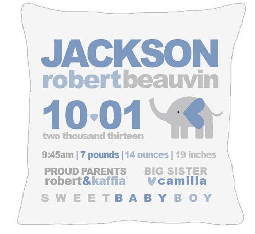 birth announcement new baby elephant pillow (gray)
