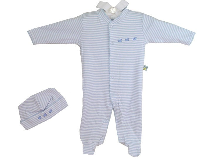 blue striped romper and hat with ducks