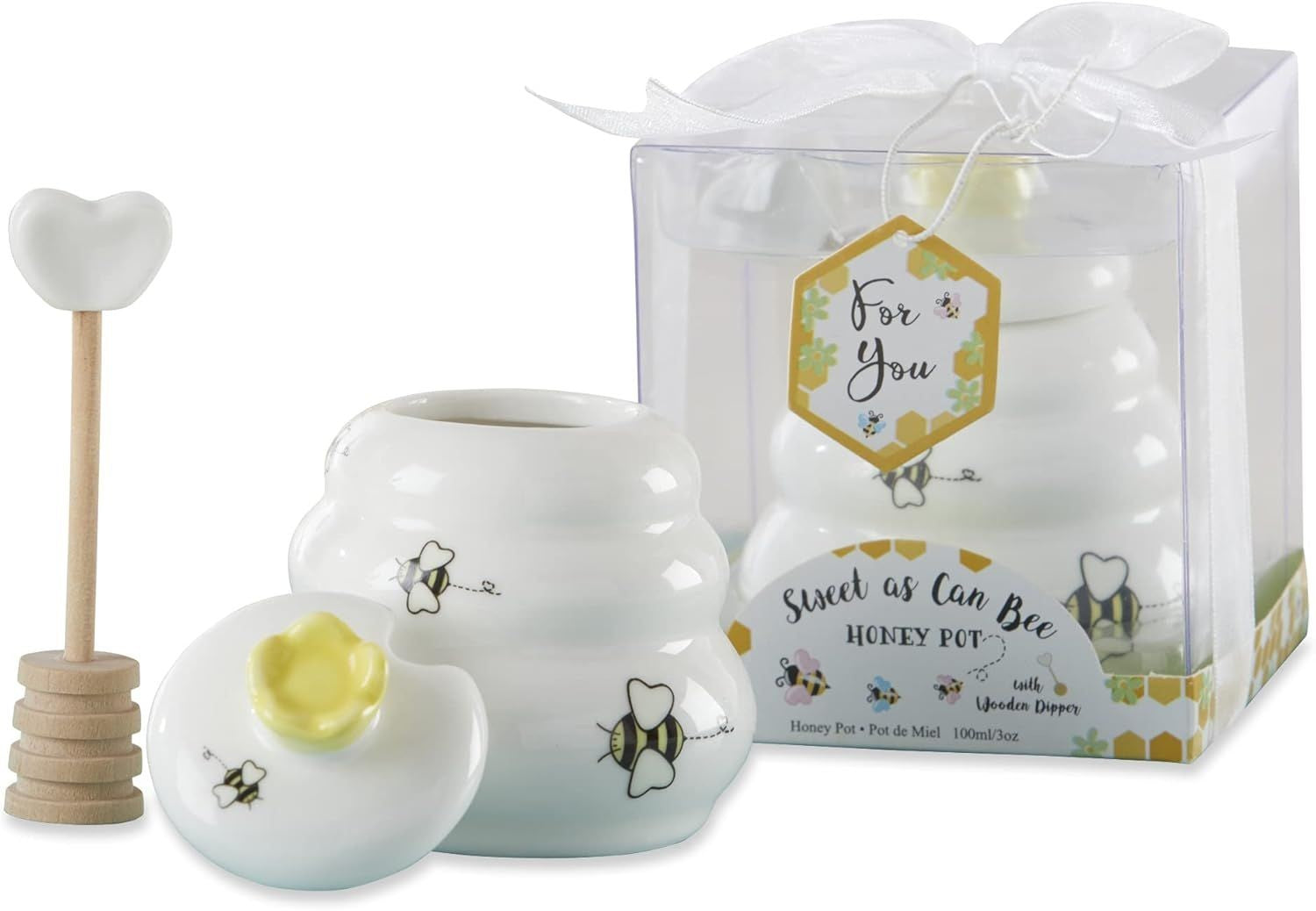 Sweet as Can Bee Ceramic Mini Honey Pot with Wooden Honey Dipper (3.4 oz) Honey Jar