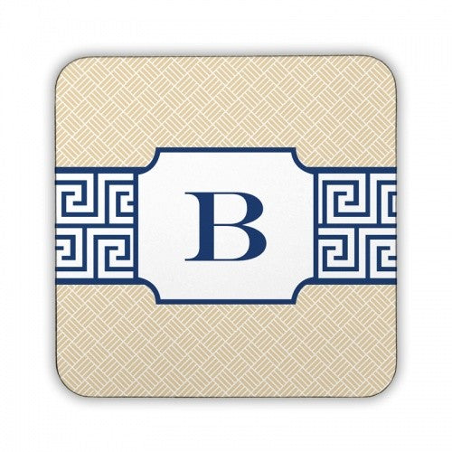 Greek Key Band Navy Square Coaster