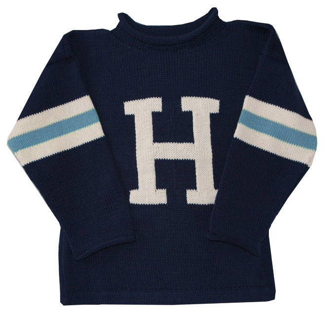 3 striped sleeve initial sweater