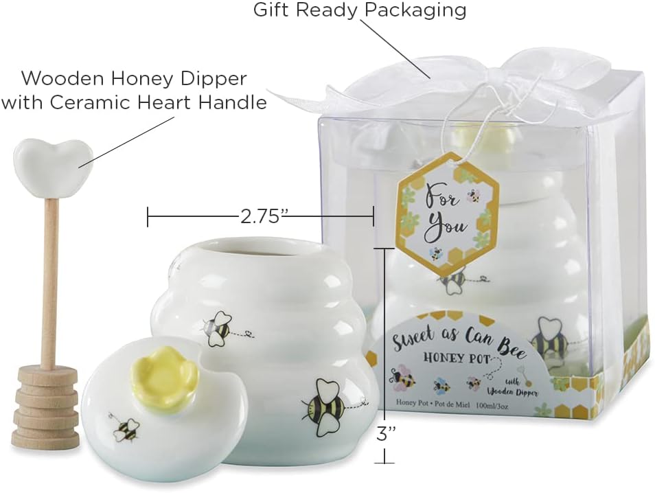 Sweet as Can Bee Ceramic Mini Honey Pot with Wooden Honey Dipper (3.4 oz) Honey Jar