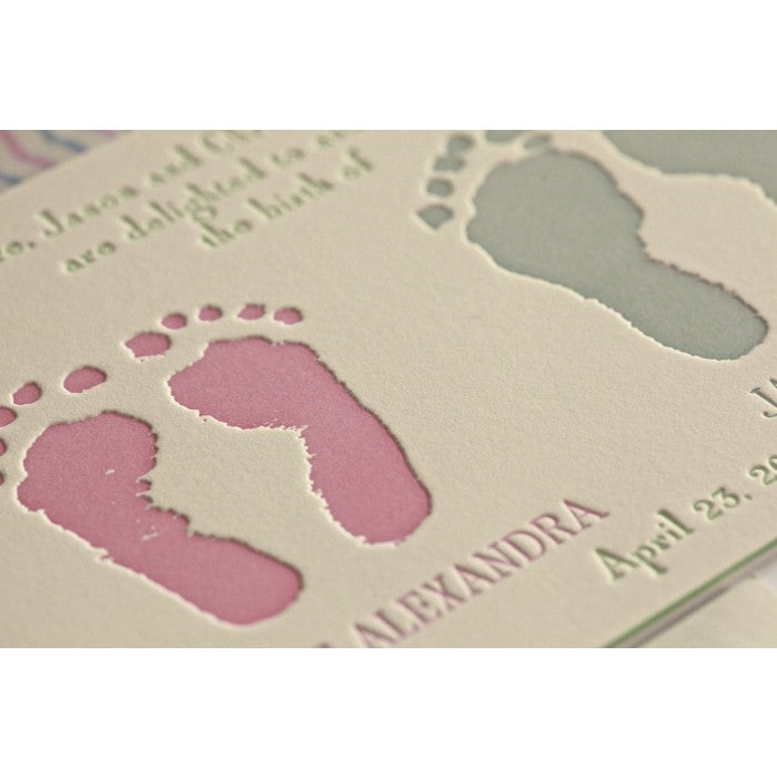 letterpress footprint baby announcement - cate & jay