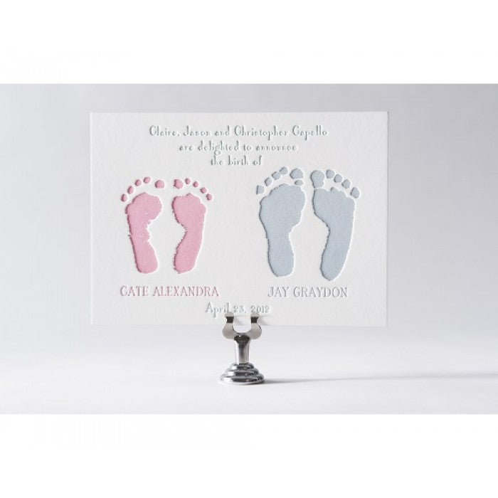 letterpress footprint baby announcement - cate & jay