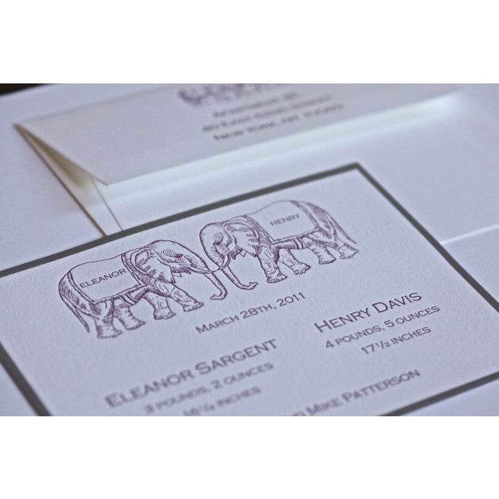 letterpress baby announcement - twin trunks