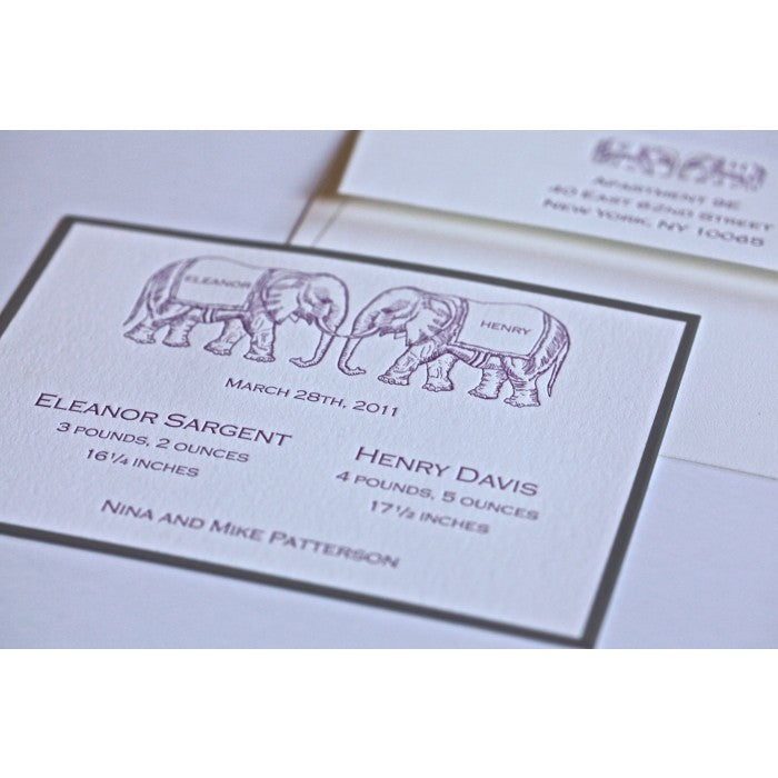 letterpress baby announcement - twin trunks