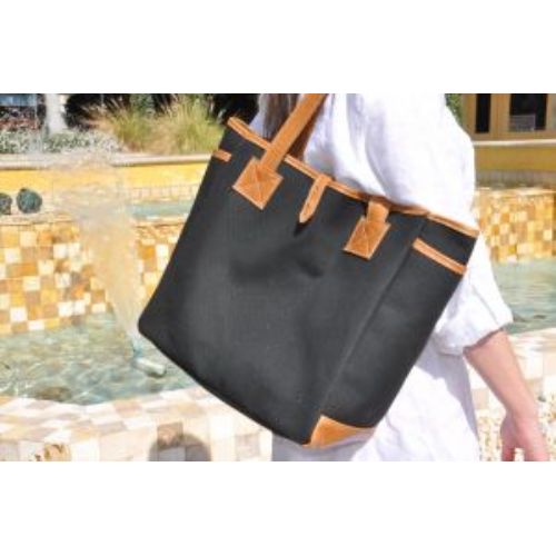 leather and canvas tote with monogram