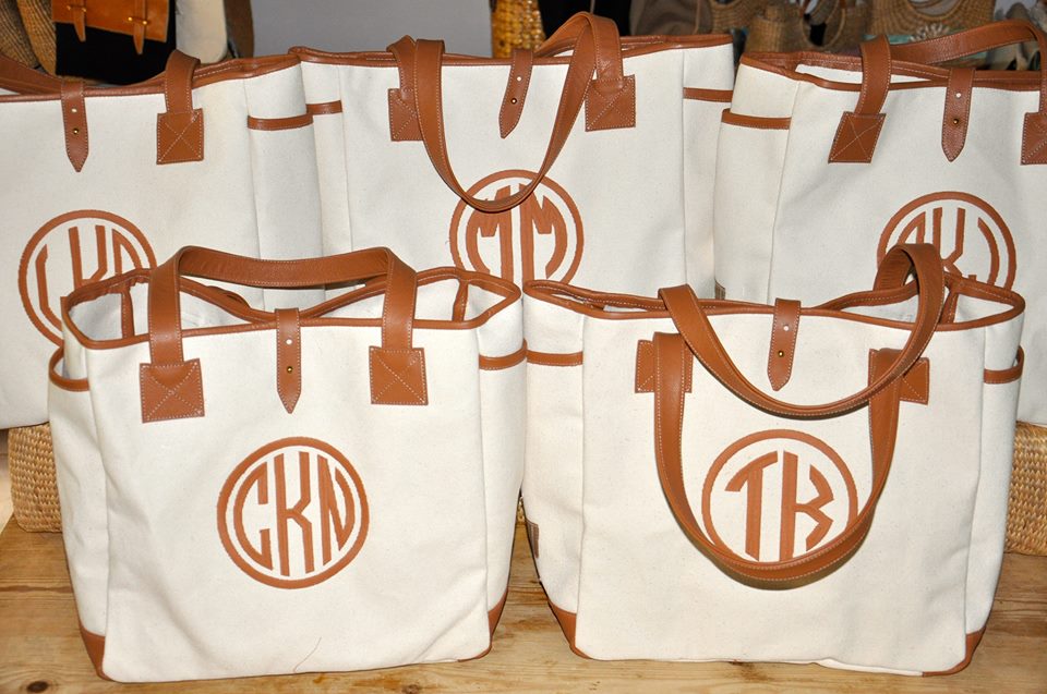 leather and canvas tote with monogram