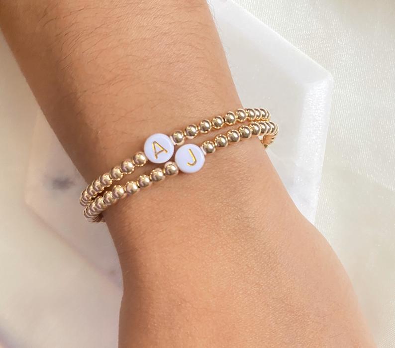 14k gold filled bead bracelet 4mm with letters