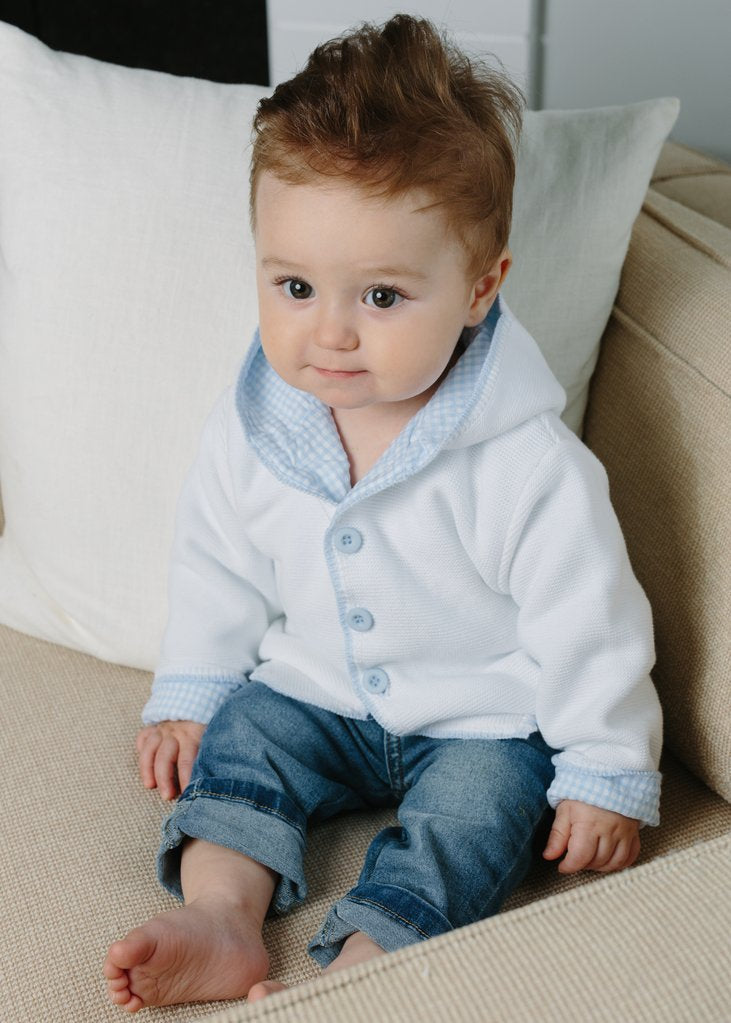 lined hooded cotton white sweater (baby blue gingham lining)