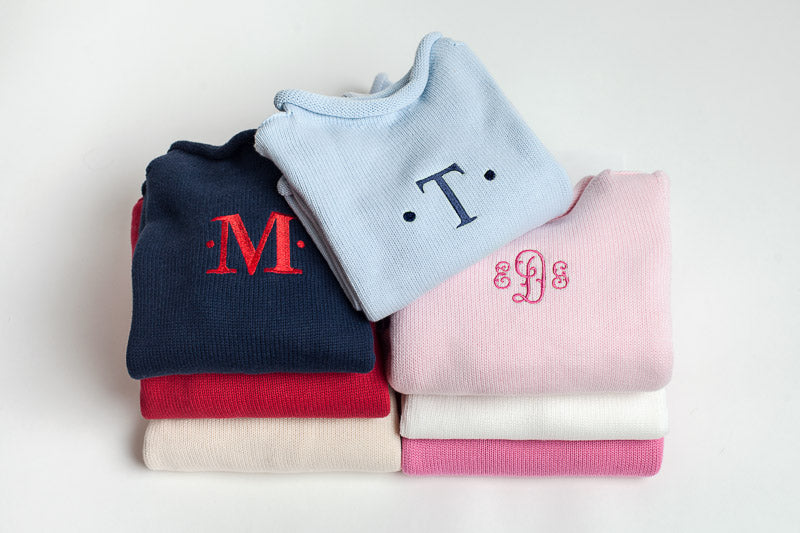 monogrammed roll neck pullover sweater