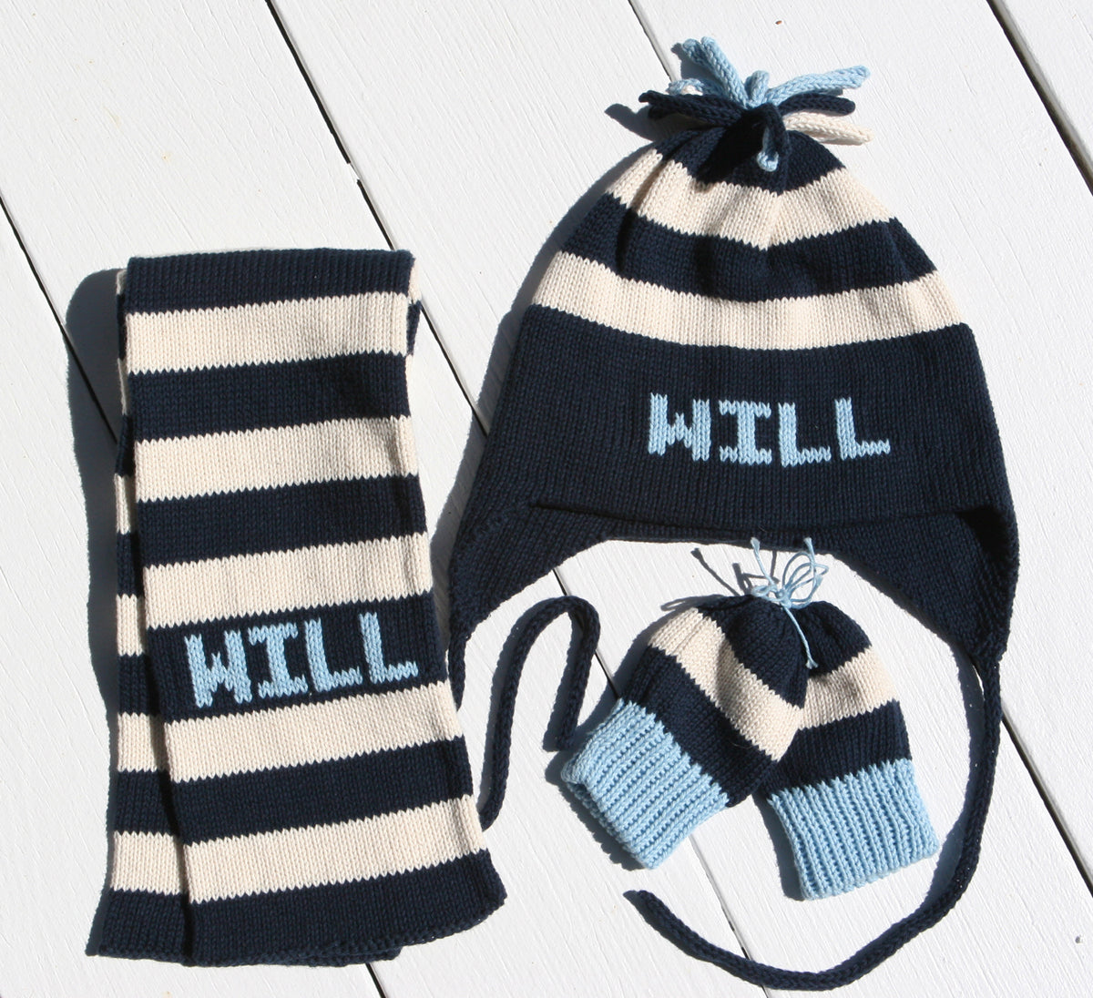 navy stripe ear flap hat