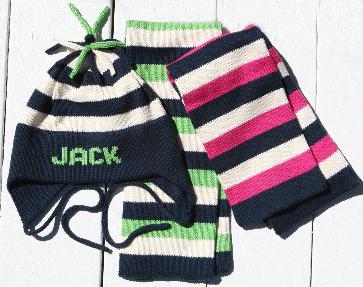 navy stripe ear flap hat
