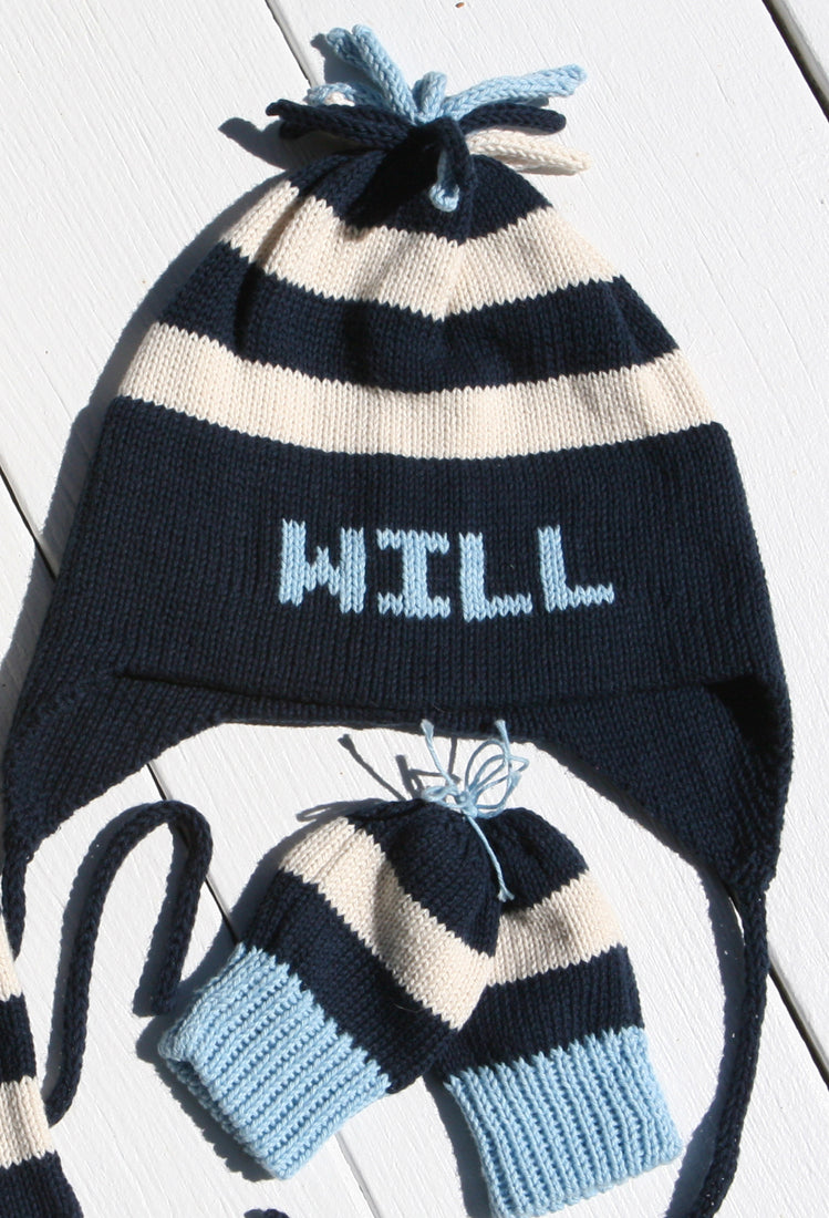 navy stripe ear flap hat