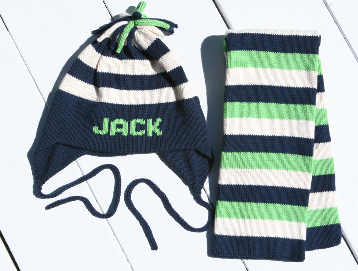 navy stripe ear flap hat
