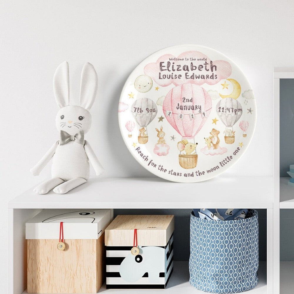 personalized baby girl plate - hot air balloon