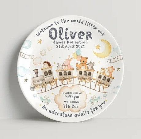 personalized baby plate - train animals