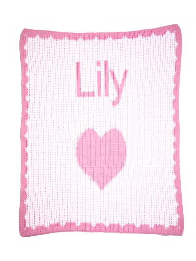personalized full blanket with name and heart and scalloped edge