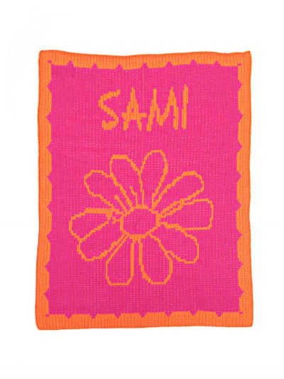 personalized full blanket with name, flower and scalloped edge