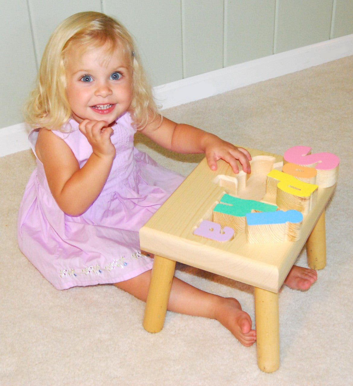 personalized name puzzle stool - natural with pastel colors